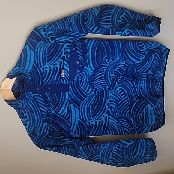 🌊 Patagonia Wave Print Synchilla Snap-T pullover fleece kids size L 12 - Picture 2 of 10